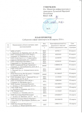 Об утверждении плана проверок субъектов в сфере транспорта на III квартал 2016г.